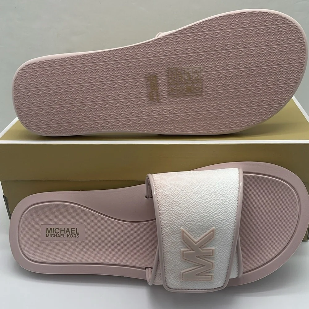 Michael Kors Slide Logo Sandals Palmer Ombré Signature Powder Blush Multi  NWT